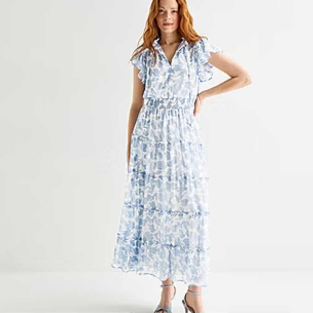 MSK Light Blue Floral Tiered Maxi Dress - Women Sz Petite Med